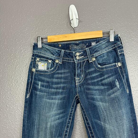 Miss Me Size 27 Sparkly Sequin Silver Bootcut Jeans Flap Pockets Dark Blue - Picture 4 of 8